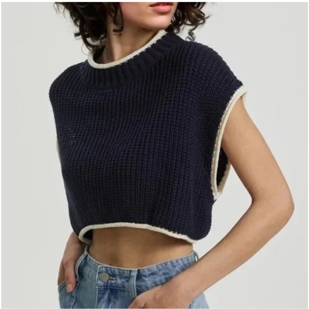 Zara Navy Knit Sweater Vest with Cream Trim
